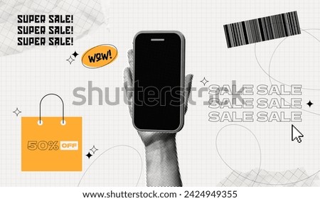 Trendy Halftone Collage Super Sale poster. Hand holding Phone with social media promotion and sale. Special discount offer. Online shopping. Announcement and marketing. Contemporary vector art