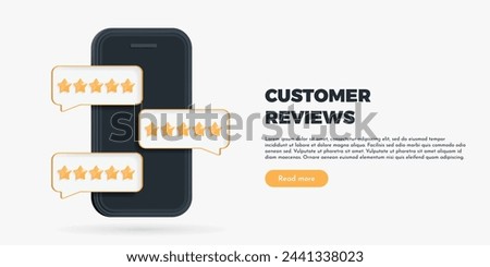 3D Phone with a five star review rating. Online service quality assessment. Customer product feedback. Social media comment. Positive rank. Cartoon creative design vector illustration for web banner