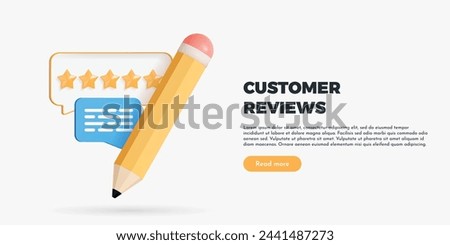 3D Online feedback. Pencil with five star customer review and speech bubble message. Write comment on product. Survey form. Forum with polls. Best rating. Cartoon creative design vector illustration