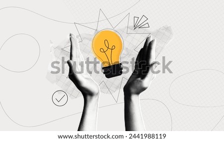 Trendy Halftone Collage Two Hands holds lightbulb. Creative mind or brainstorm. Create creative idea concept. Business solutions. Think outside the box. Marketing time. Contemporary vector art