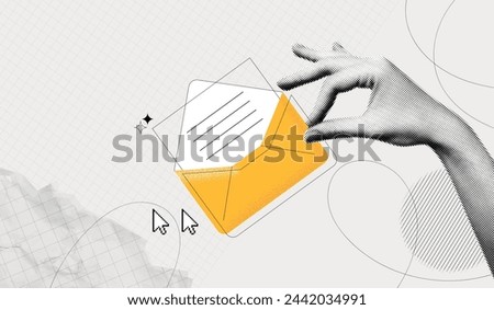 Trendy Halftone Collage Hand holding new message in envelope. Yellow letter on email. Invitation by mail. Online communication. Spam inbox. Social media marketing concept. Contemporary vector art