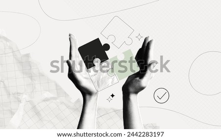 Trendy Halftone Collage Two Hands holding puzzles pieces together. Teamwork concept. Business idea and solution. Partnership relationship. New startup. Career development. Vector contemporary art