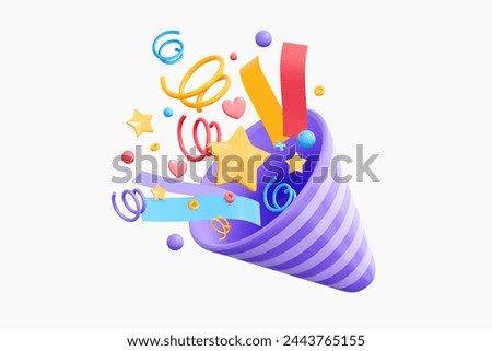 3D Party popper emoji with explosion confetti. Birthday surprise. Firecracker with serpentine. Holiday and event celebration. Cartoon creative design 3d vector icon isolated on white background