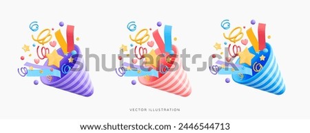 3D Party popper emoji with explosion confetti. Birthday surprise. Firecracker with serpentine. Holiday and event celebration. Cartoon creative design 3d set vector icons isolated on white background