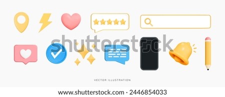 3D Social media set icon emoji. Online communication. Phone, bell notification, like, speech bubble message. Chat emoticon. Digital marketing. Realistic 3d objects isolated on white background