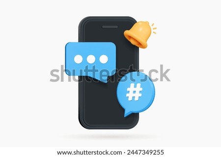 3D Mobile phone with speech bubble message and bell notification. Online communication. Comments thread mention or user reply. Social media chat. Cartoon creative design icon. 3D Vector illustration