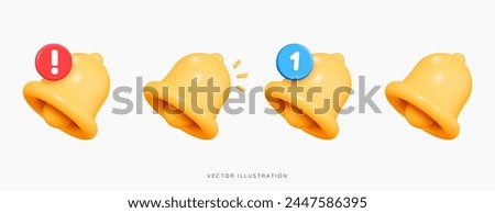 3D Notification bell set icon. New incoming inbox message. Social media reminder. Subscribe notice. Important news. Push notification. Cartoon creative design icon isolated on white. 3D vector objects