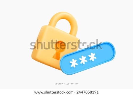 3D Locked padlock with password. Golden Lock and PIN code entry. Security and safety. Cyber Privacy concept. Cartoon creative icon design for web and app isolated on white background. 3D Vector Object