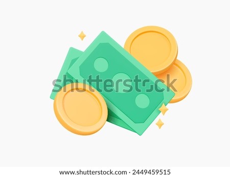 3D Green Paper Money and Gold floating Coins. Dollar banknote. Cash payment bill. Financial market. Finance profit. Win lottery concept. Cartoon creative design isolated on white. 3D Vector Object