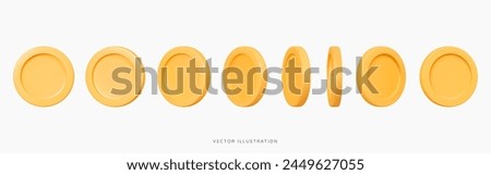 3D Golden coin turnaround, rotation at different angles for animation. Set of spinning coins. Cartoon icon elements for game. Floating money. Casino jackpot concept. 3D Vector Illustration