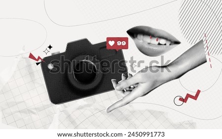 Trendy Halftone Collage Hand points to Camera taking Photos. Social media marketing and promotions. Attracting likes and subscribers. Magazine style. Contemporary vector art illustration