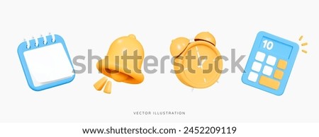 3D Cartoon office set emoji icons. Yellow alarm clock, bell, blue calendar and calculator. Business and education concept. School objects. New notification. Work elements. 3D Vector Illustration