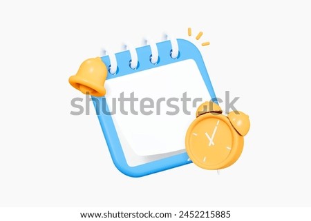 3D Calendar with Bell notification and Alarm Clock. Event reminder. Meeting planner. Business plan concept. Time to work. Office deadline. Cartoon creative design icon. 3D Vector illustration