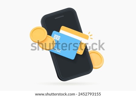 3D Phone with credit card and coins. Online payment concept. Mobile wallet application. Banking app. Transfer money Shopping with wireless pay. Cartoon creative design icon. 3D Vector illustration