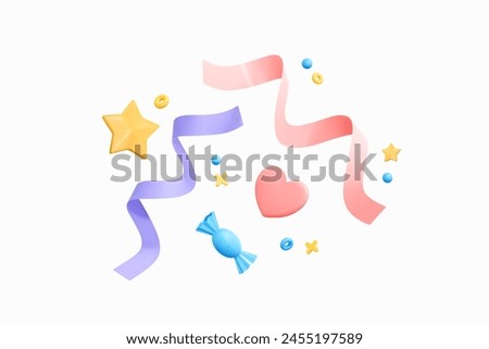 3D Party confetti with candy, star and serpentine ribbon. Birthday surprise emoji. Festive decoration elements for poster or banner. Cartoon design icon isolated on white. 3D Vector illustration