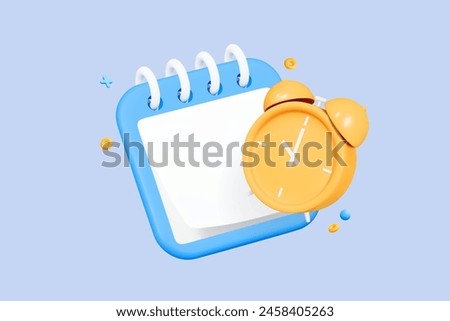 3D Calendar and Alarm clock. Planning concept. Office work and deadline. Event agenda. Time to plan. Business meeting. Cartoon design icon isolated on blue background. 3D Vector illustration