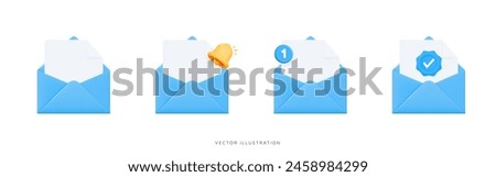 3D Open envelope icon set with bell, new notification and check mark. Blue envelope with file document. Send message by email. Subscribe to newsletter. Cartoon design icon set. 3D Vector illustration