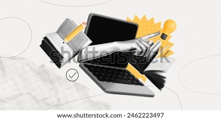 Trendy Halftone Collage Online education concept. Computer laptop with hand, floating books and lightbulb. News course, webinar. Smart thinking and brainstorming. Contemporary vector art illustration