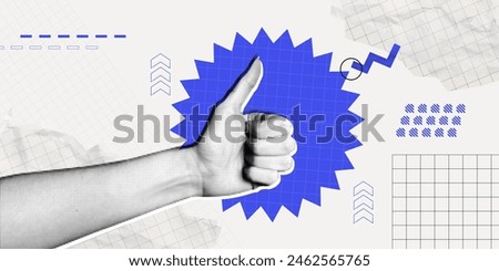 Trendy Halftone Collage Hand showing Thumbs up gesture on geometric background. Like sign. Finger up. Customer positive feedback. Business success. Contemporary abstract vector art illustration