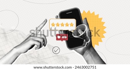 Trendy Halftone Collage Woman Hand holds Phone giving gold five star rating feedback. Best score point to review service. Five star for quality customer rating. Contemporary vector art illustration