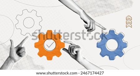 Trendy Halftone Collage Hands with cogs. Employees connecting gears symbolizing teamwork. Working experience. Concept of success, leadership, career development. Contemporary vector art illustration