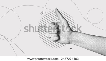 Trendy Halftone Collage female hand showing thumb up gesture. Stipple photocopy effect. Positive hand sign. Pixel pop art. Vector dots texture. Contemporary illustration art