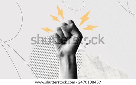 Trendy Halftone Collage Raised Fist up. Demonstration of protest. Fight for your rights. Power sign. Success and strength. Feminism concept. Magazine style. Contemporary vector art illustration