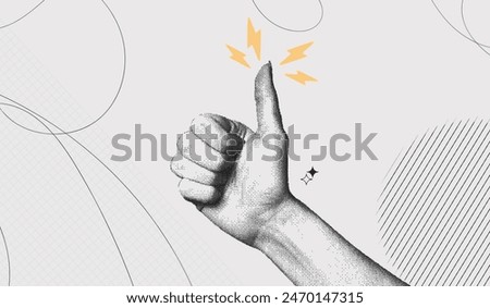 Trendy Halftone Collage female hand showing thumb up gesture. Stipple photocopy effect. Positive hand sign. Pixel pop art. Vector dots texture. Contemporary illustration art