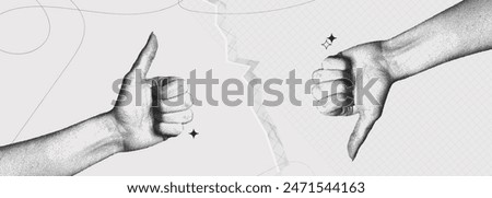 Trendy Halftone Collage Two Woman Hands with like and dislike gestures. Arm showing thumb up. Discussion in conversation, work and social media. Feedback banner. Contemporary vector art illustration