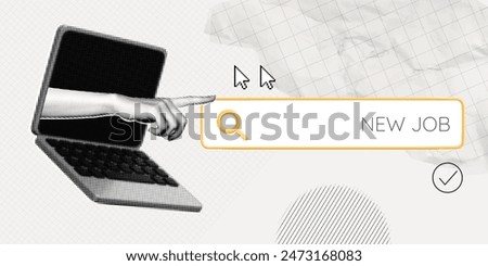 Trendy Halftone Collage Hand from computer monitor screen points to search bar. Online hiring job. Career training. Job vacancy open. Seo management. Contemporary vector illustration art