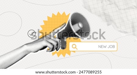 Trendy Halftone Collage Online Hiring. Hand with megaphone and search bar. Job search on internet. Career opportunity. Remote work. Offer about new vacancy. Contemporary vector illustration art