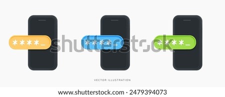 3D Phone with pin code icon set. Two step authentication. Personal data security. Verification number code. Unlock password. Enter otp. Cartoon creative design objects. 3D Vector illustration 