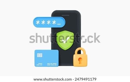 3D Secure online banking financial transaction. Phone with protective shied, credit card, pin code and padlock. Verified payments and money transfers. Cartoon creative design icon. 3D Vector