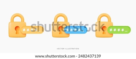 3D Locked padlock with password. Golden Lock and pin code entry. Security and safety. Cyber Privacy concept. Cartoon creative icon set design for web and app isolated on white background. 3D Vector