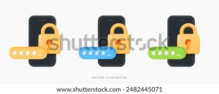 3D Phone with padlock and password. Golden Lock and pin code entry. Security and safety. Cyber Privacy concept. Cartoon creative icon set design for web and app isolated on white background. 3D Vector