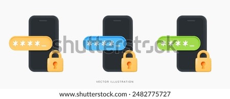 3D Phone with padlock and password. Golden Lock and pin code entry. Security and safety. Cyber Privacy concept. Cartoon creative icon set design for web and app isolated on white background. 3D Vector