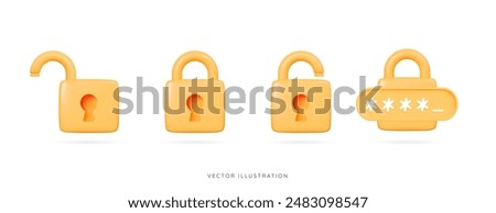 3D Closed and open yellow padlock icon set. Data protection and security concept. Lock with pin code and password. Privacy and encryption. Cartoon creative design icons. 3D Vector illustration