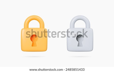 3D Golden and silver lock icon set. Data protection and security concept. Closed yellow and grey padlock. Privacy and encryption. Cartoon creative design icons. 3D Vector illustration