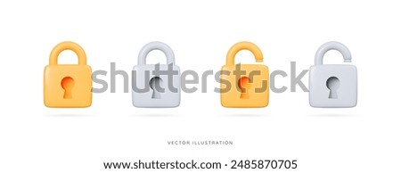 3D Golden and silver lock icon set. Data protection and security concept. Closed and open yellow and grey padlock. Privacy and encryption. Cartoon creative design icons. 3D Vector illustration