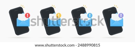 3D Phone with open letter in envelope and exclamation mark. Error delivering message to email. Mail spam. Important sms to smartphone. New notification. Cartoon design icon set. 3D Vector illustration