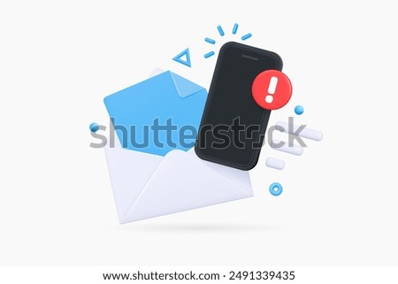 3D Mobile phone with open envelope and exclamation mark. New message by email. Scam mailing. Important notification. Letter with document.  Cartoon creative design icon. 3D Vector illustration