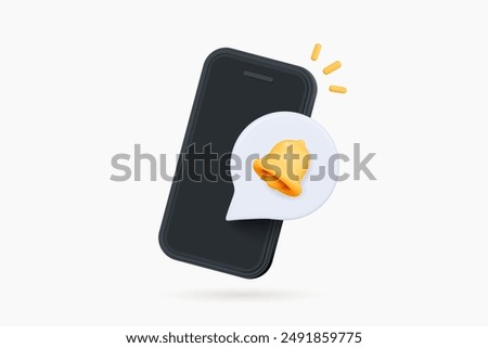 3D Mobile phone with speech bubble and bell. New message notification. Push reminder. Social media communication. Newsletter subscription. Cartoon creative design icon. 3D Vector illustration