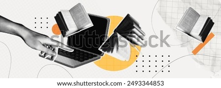 Trendy Halftone Collage Online education concept. Computer laptop with hand and floating books. News course, webinar. Smart thinking and brainstorming. Contemporary vector art illustration