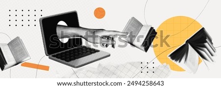 Trendy Halftone Collage Online education concept. Computer laptop with hand and floating books. News course, webinar. Smart thinking and brainstorming. Contemporary vector illustration art