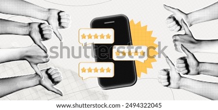 Trendy Halftone Collage Phone with five star rating. Hands with thumbs up and thumbs down gestures. Online feedback. Yes or no choice banner. Quality review. Contemporary vector illustration art