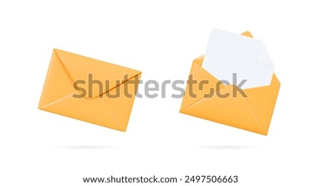 3D Yellow envelopes icon set. Open and close letters. Subscribe to newsletter. Email message. Send post card. Envelope with document. Mail notification. Cartoon design icons. 3D Vector illustration