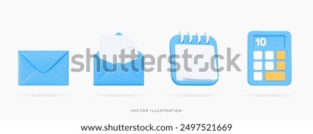 3D Set of blue office icons. Open and close mail envelopes. Calendar and calculator. Email notification. Business and education emoji. School objects. Work elements. 3D Vector Illustration