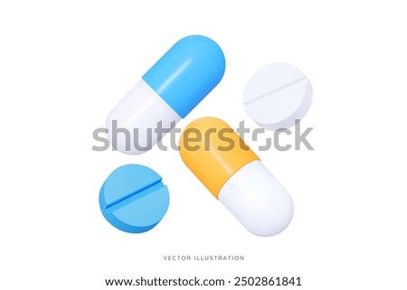 3D Blue and yellow medical pills. Oval capsule shaped tablets. Vitamins and antibiotics for health. Healthcare and medicine. Pharmacy drug. Cartoon icon isolated on white. 3D Vector illustration