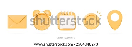 3D Cartoon office set emoji icons. Yellow envelope, clock, calendar and golden coin, location pin. Business and education concept. Work collection elements. Finance objects. 3D Vector Illustration