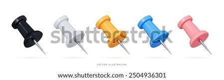 3D Push pin emoji icon set. Different colors thumbtack with metal needle. Office and school supplies. Stationery elements. Cartoon design objects isolated on white background. 3D Vector Illustration